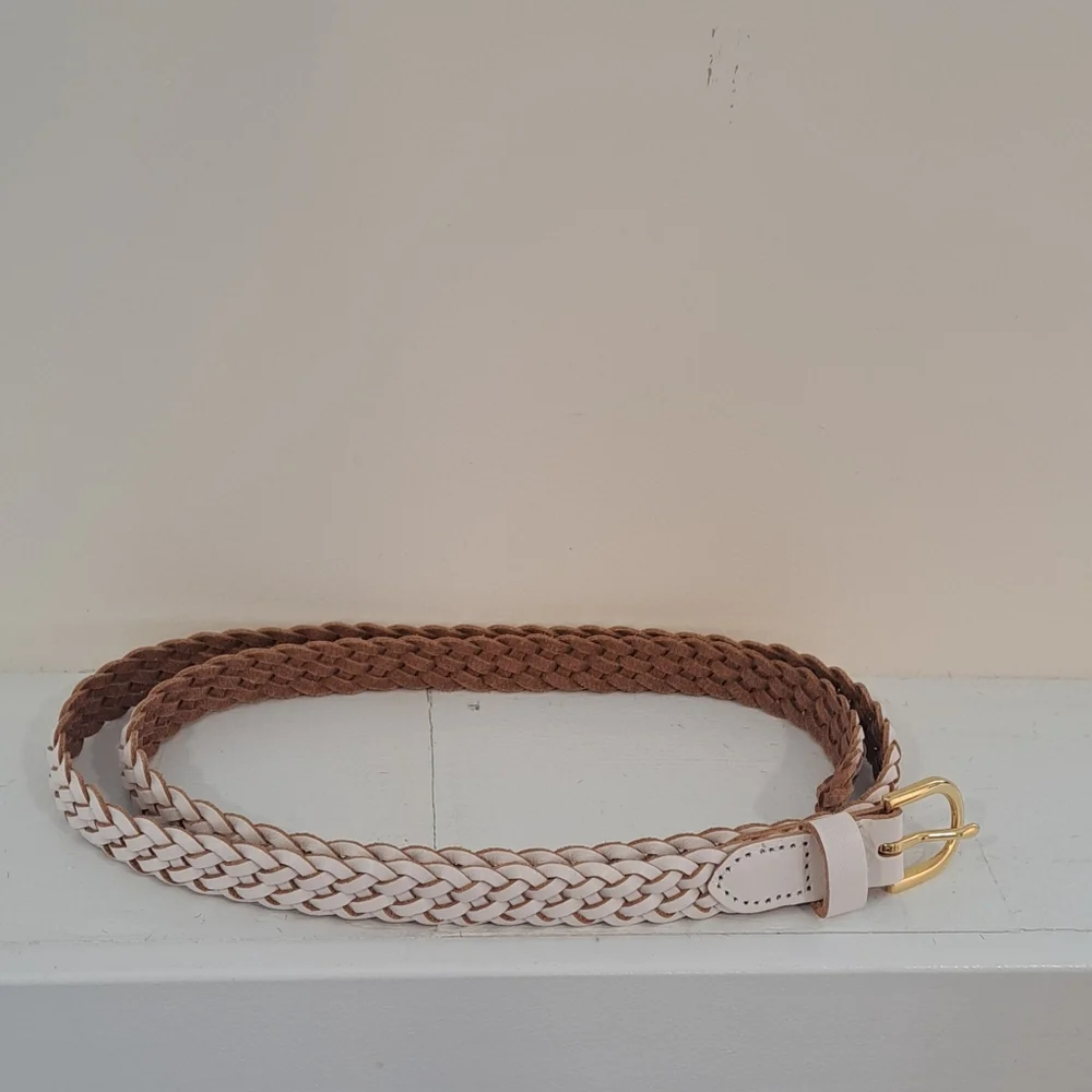Vintage 90s J Crew White And Brown Leather, Braided Classic Belt, Size L/XL. - Picture 4 of 5